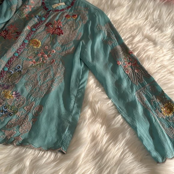 JOHNNY WAS Allbee Embroidered Floral Geometric Print Ruffle Scallop Hem Blouse - Picture 7 of 11